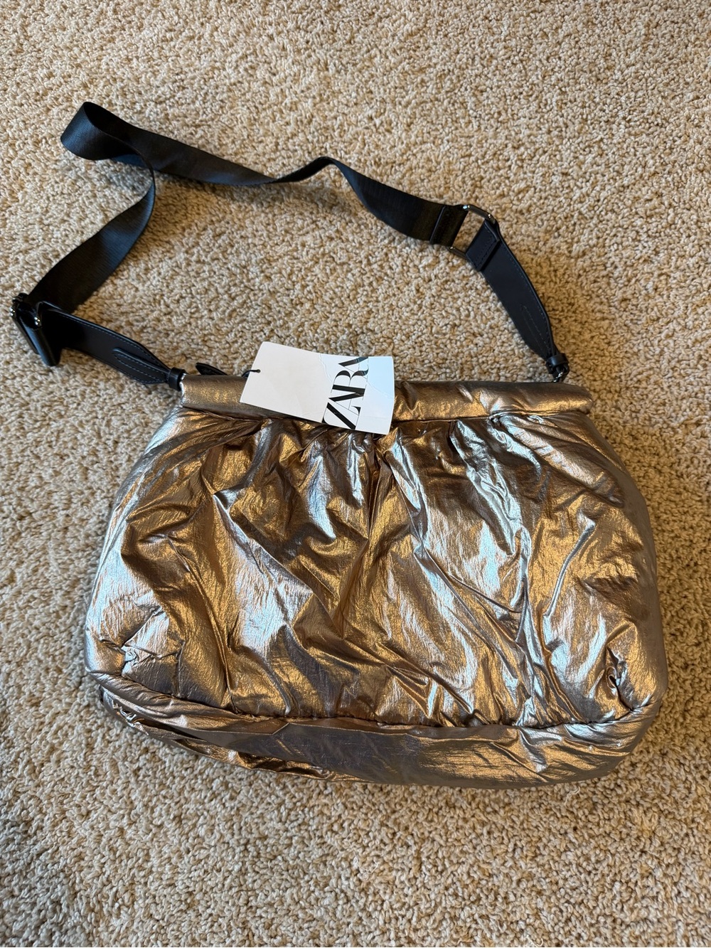 ZARA Metallic Bronze Shoulder Bag with Black Strap